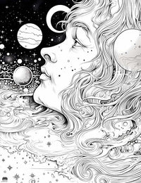 Free Cosmic Woman Coloring Page celestial woman face stars planets intricate line art download