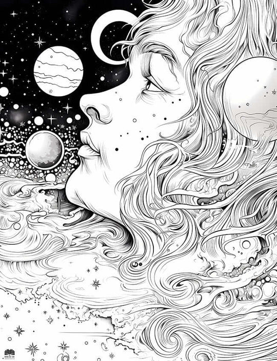 Free Cosmic Woman Coloring Page celestial woman face stars planets intricate line art download