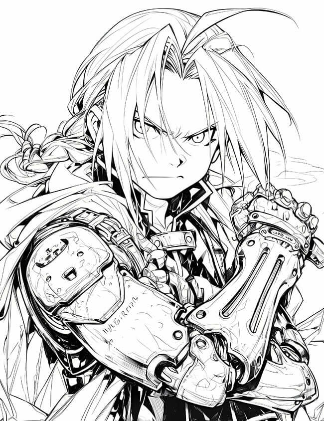 Free Edward Elric Fullmetal Alchemist Coloring Page automail action pose anime line art download