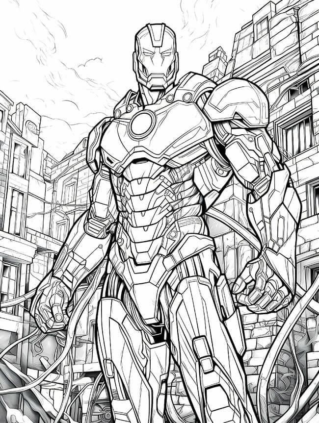 Free Iron Man Coloring Page Tony Stark armored Avenger cityscape action pose Marvel printable