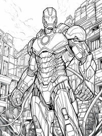 Free Iron Man Coloring Page Tony Stark armored Avenger cityscape action pose Marvel printable