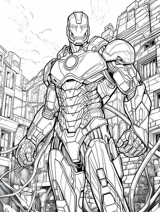 Free Iron Man Coloring Page Tony Stark armored Avenger cityscape action pose Marvel printable