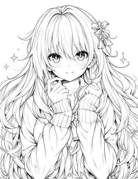 Free Kawaii Anime Girl Coloring Page sparkling eyes flowing hair bow cozy sweater manga printable