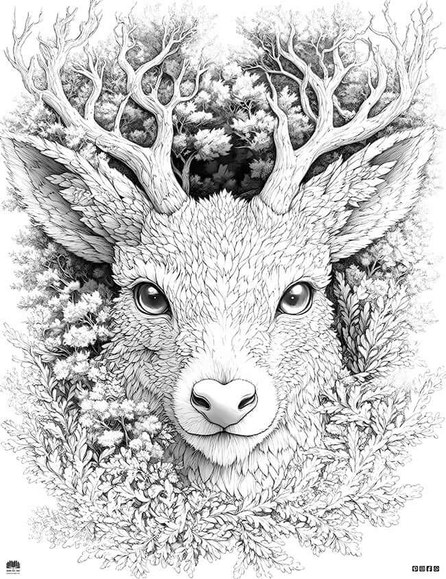 Free Mystical Deer Coloring Page enchanted forest guardian antler tree intricate adult coloring