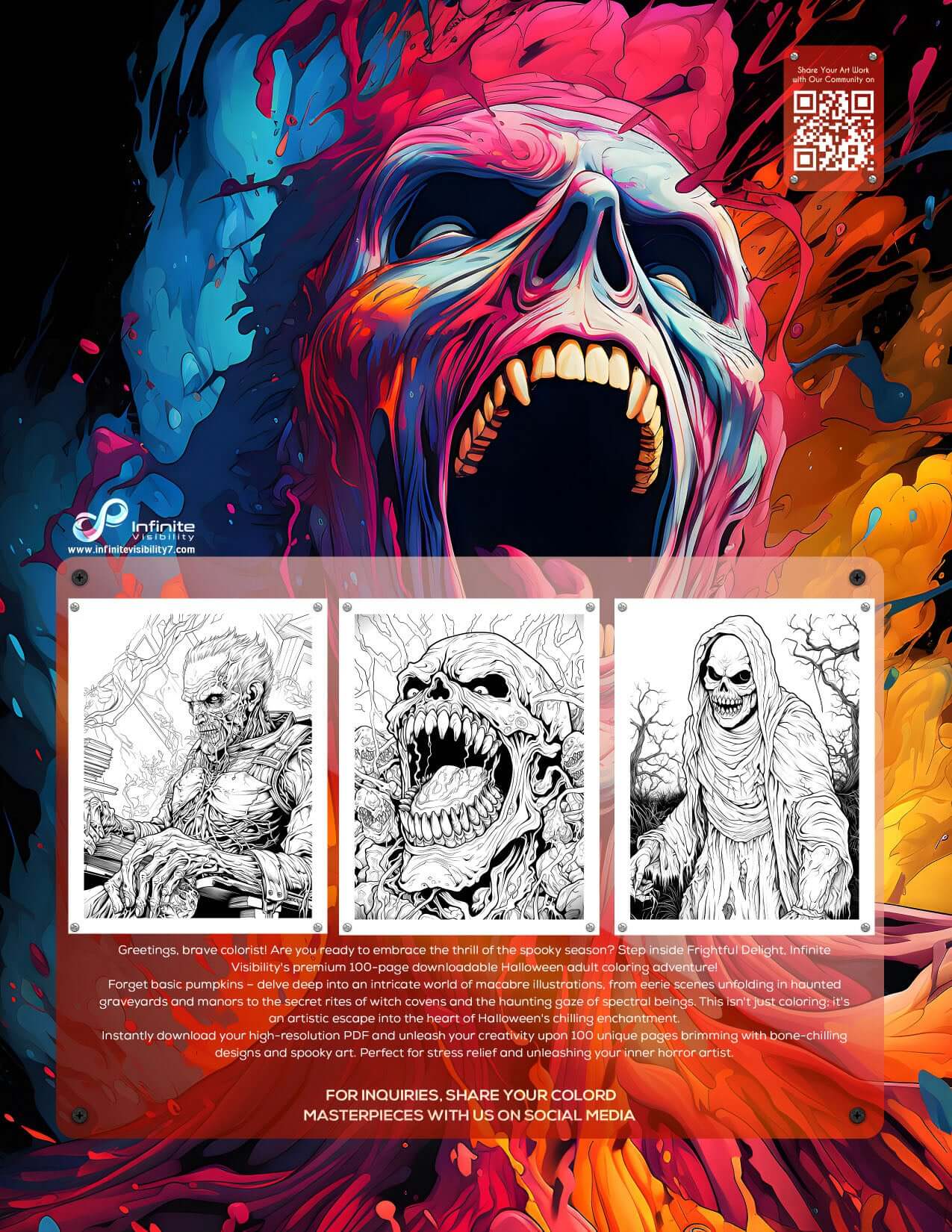 Colorful Halloween themed artwork featuring spooky illustrations for adult coloring book.