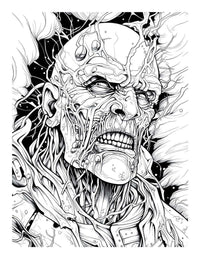 Intricate black and white illustration of a terrifying zombie character with exposed veins and eerie features.