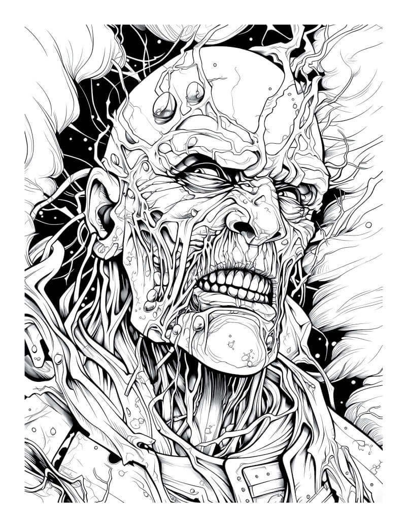 Intricate black and white illustration of a terrifying zombie character with exposed veins and eerie features.