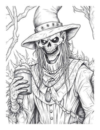 Black and white illustration of a skeleton in a hat holding a drink, perfect for Halloween adult coloring.