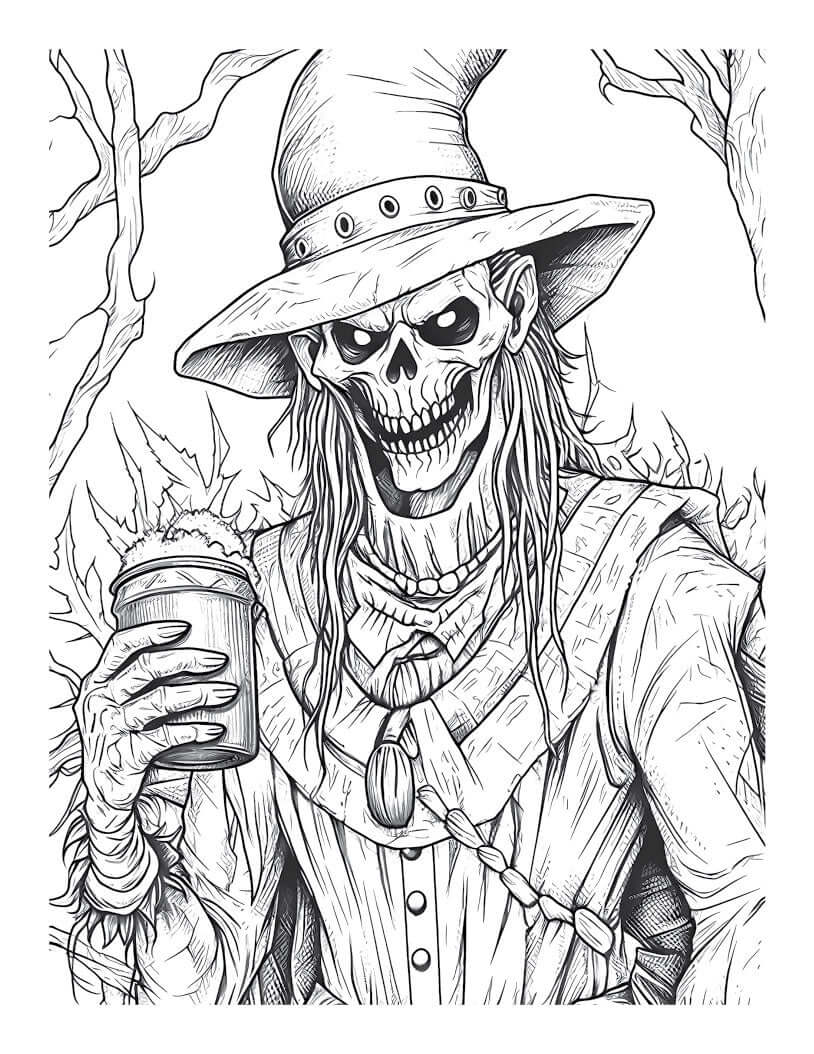 Black and white illustration of a skeleton in a hat holding a drink, perfect for Halloween adult coloring.
