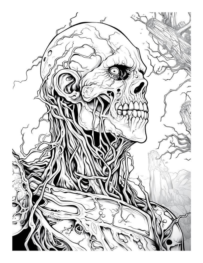 Intricate black and white illustration of a bone skeleton with roots, perfect for Halloween adult coloring.
