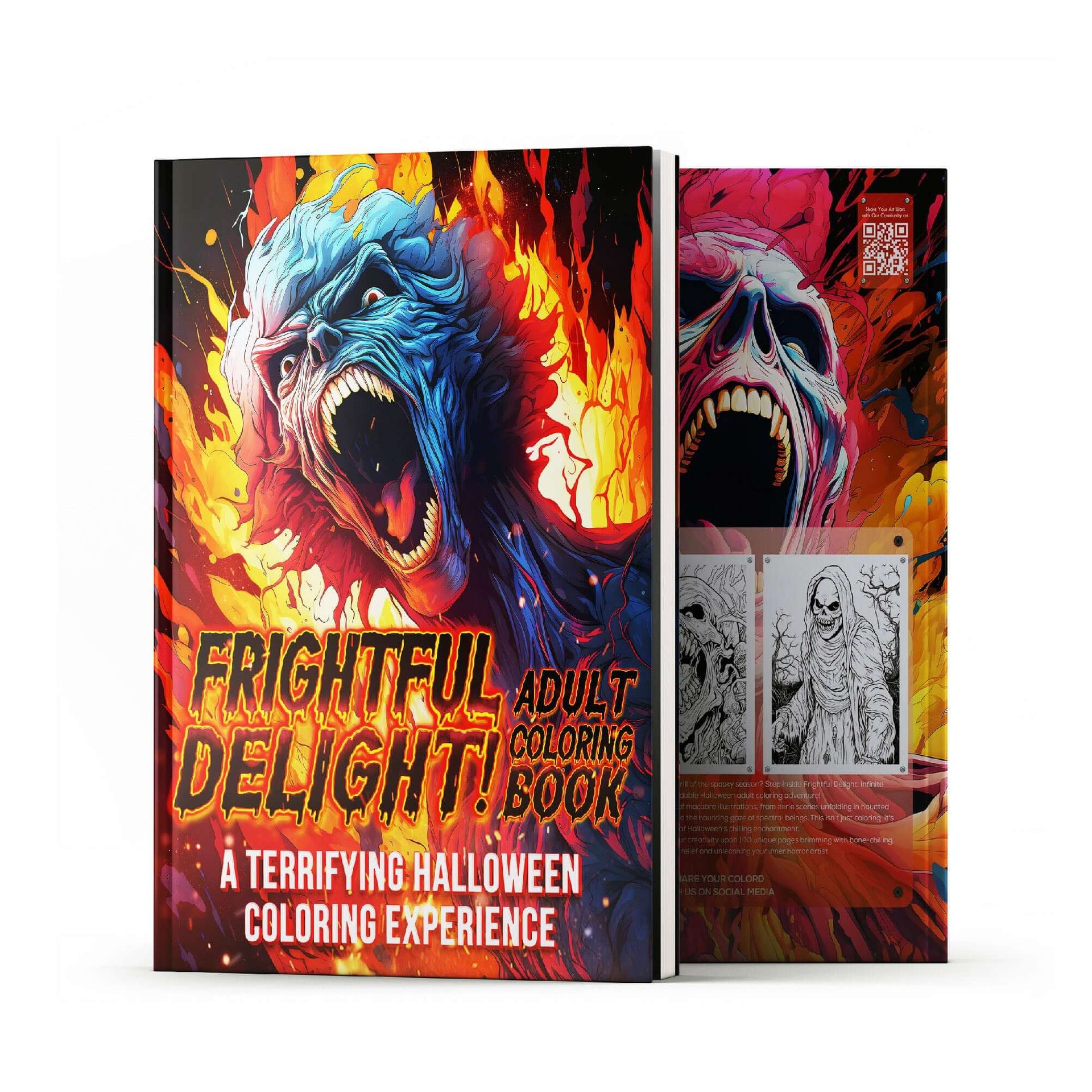 Frightful Delight adult coloring book cover featuring vivid horror art for Halloween fun.