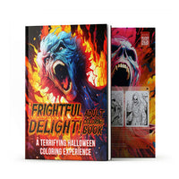 Frightful Delight adult coloring book cover featuring vivid horror art for Halloween fun.