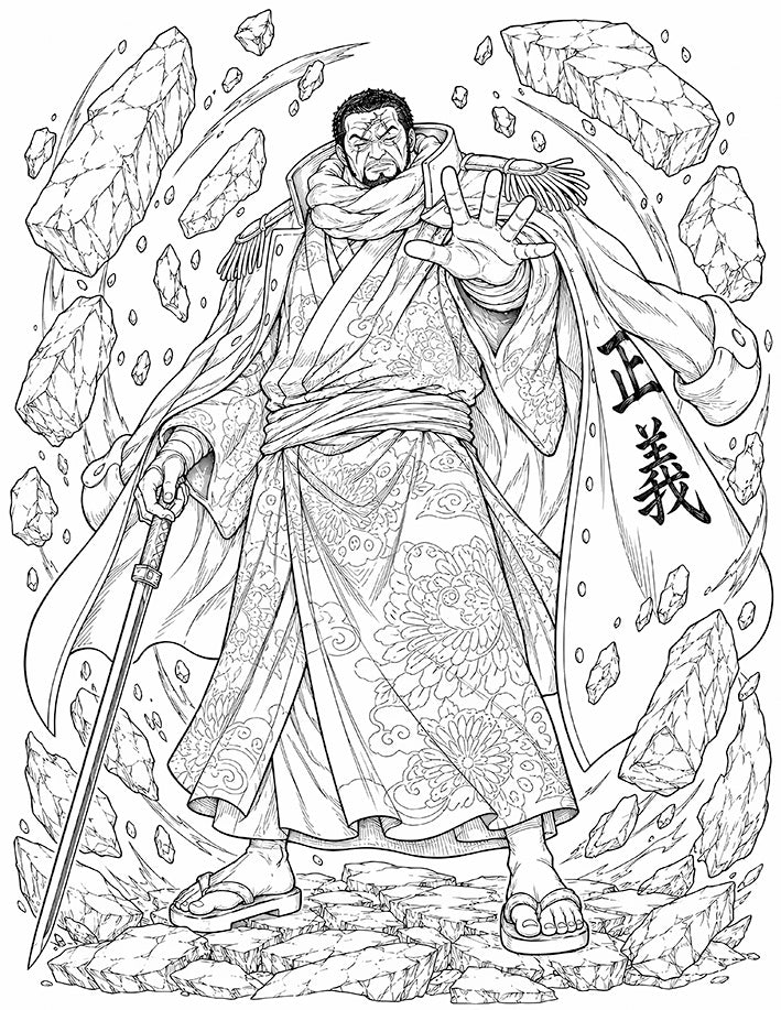 Fujitora One Piece Coloring Page Gravity Admiral printable PDF high resolution line art blind Marine Admiral Issho cane sword floating rocks patterned kimono