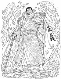 Fujitora One Piece Coloring Page Gravity Admiral printable PDF high resolution line art blind Marine Admiral Issho cane sword floating rocks patterned kimono