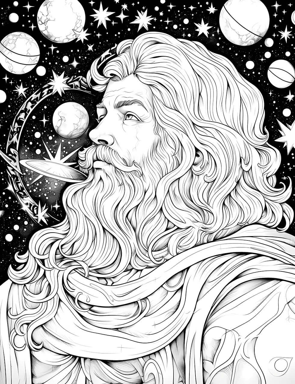 The Galactic Patriarch Coloring Page, a majestic black-and-white illustration of a wise, bearded man with long, flowing hair looking across a cosmic sky filled with stars and planets.