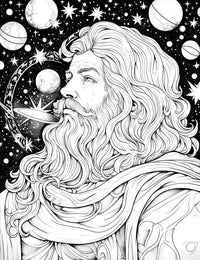 The Galactic Patriarch Coloring Page, a majestic black-and-white illustration of a wise, bearded man with long, flowing hair looking across a cosmic sky filled with stars and planets.