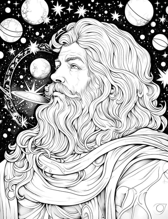 The Galactic Patriarch Coloring Page, a majestic black-and-white illustration of a wise, bearded man with long, flowing hair looking across a cosmic sky filled with stars and planets.