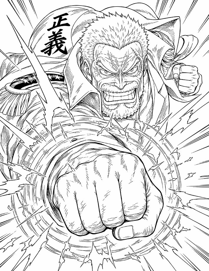 Garp One Piece Coloring Page Fist of Justice printable PDF high resolution line art Marine hero giant foreshortened punch Justice kanji coat fierce grin speed lines