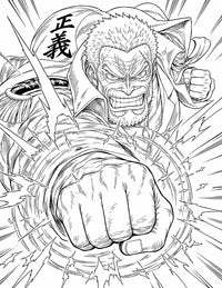 Garp One Piece Coloring Page Fist of Justice printable PDF high resolution line art Marine hero giant foreshortened punch Justice kanji coat fierce grin speed lines