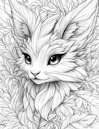 Adorable fantasy fox or fennec fox coloring page with large expressive eyes and fluffy, leaf-textured fur, surrounded by a detailed foliage background, perfect for adult coloring and relaxation.