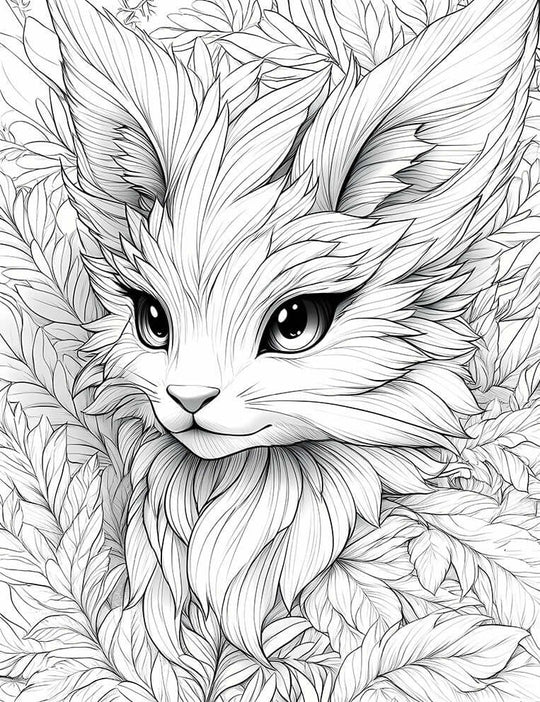 Adorable fantasy fox or fennec fox coloring page with large expressive eyes and fluffy, leaf-textured fur, surrounded by a detailed foliage background, perfect for adult coloring and relaxation.