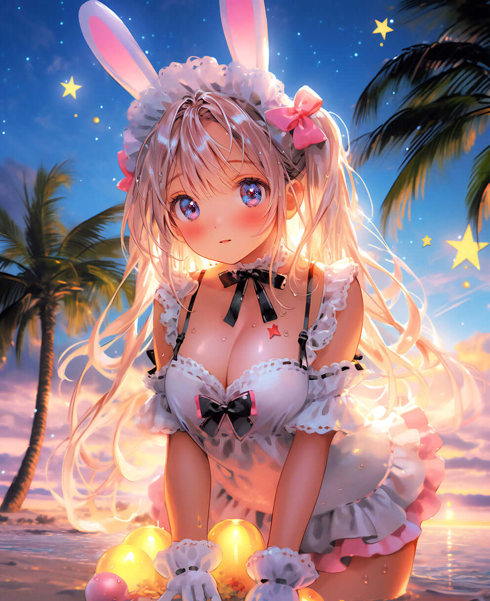 Anime Beach Bunny Lumina in a vibrant sunset, wearing bunny ears, surrounded by stars and palm trees, perfect for digital art lovers.