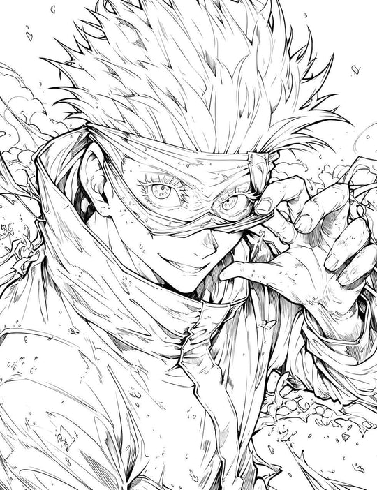 Detailed black and white line art of Satoru Gojo from Jujutsu Kaisen, smirking as he lifts his blindfold to reveal his powerful Six Eyes.