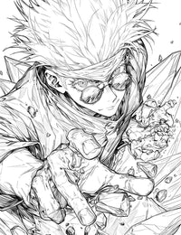 Line art of Satoru Gojo from Jujutsu Kaisen with pre-colored, piercing blue eyes (Six Eyes), manipulating shattered rocks in a dynamic action pose.