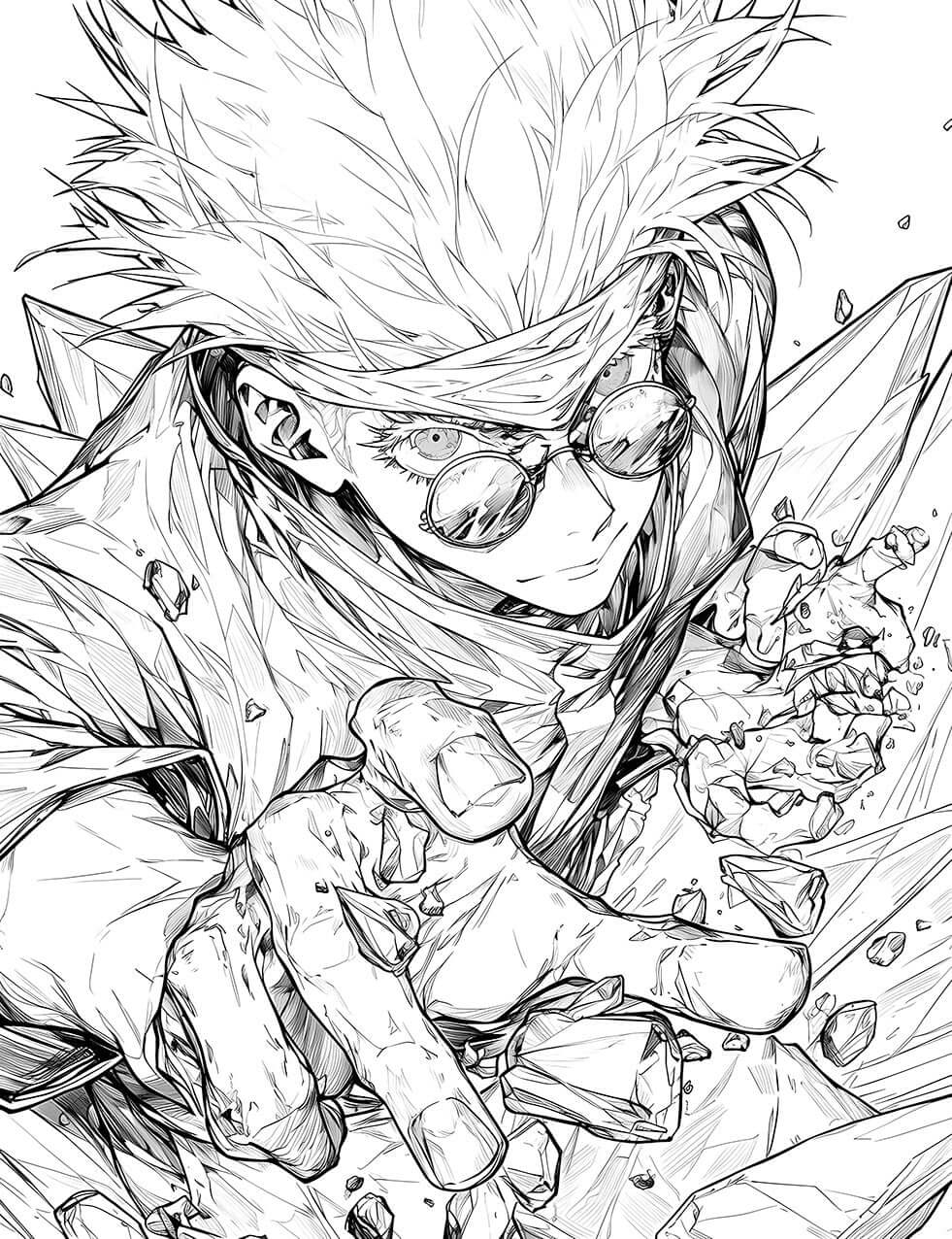 Line art of Satoru Gojo from Jujutsu Kaisen with pre-colored, piercing blue eyes (Six Eyes), manipulating shattered rocks in a dynamic action pose.