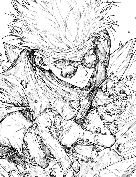 Line art of Satoru Gojo from Jujutsu Kaisen with pre-colored, piercing blue eyes (Six Eyes), manipulating shattered rocks in a dynamic action pose.