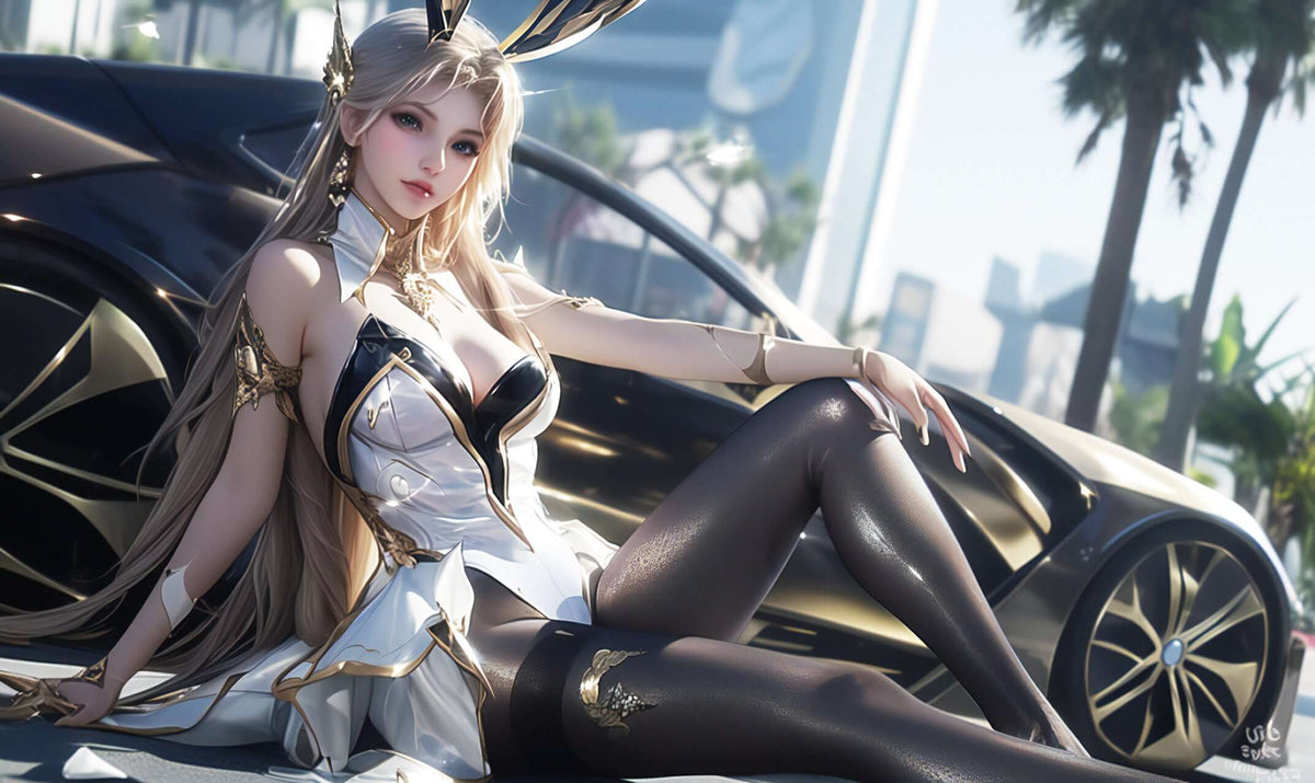 Anime Bunny digital art featuring a stylish character posing by a luxurious gold-accented car.