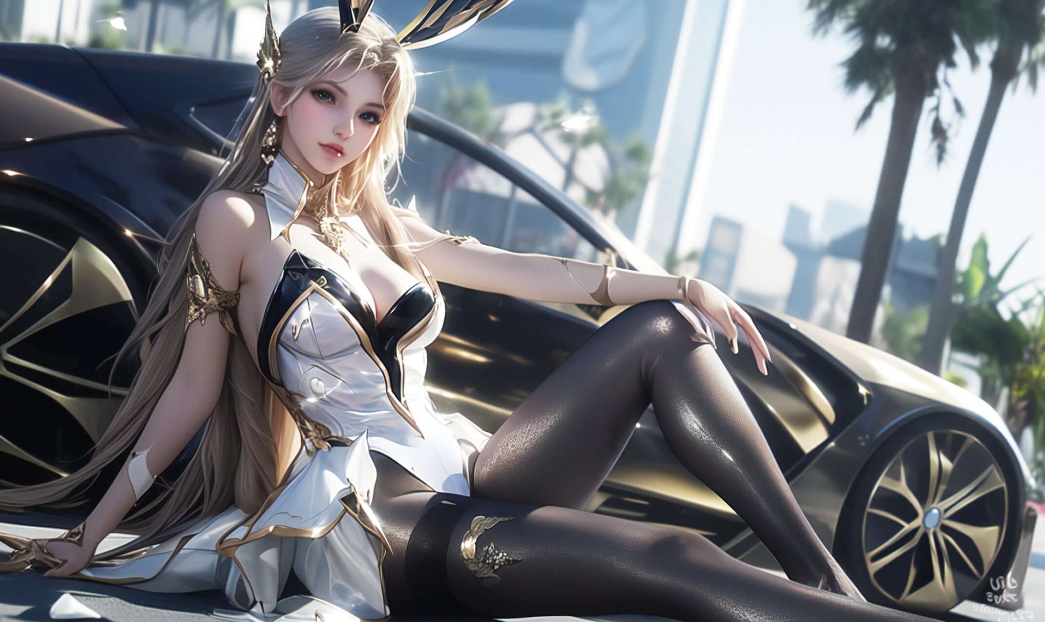 Anime Bunny digital art featuring a stylish character posing by a luxurious gold-accented car.