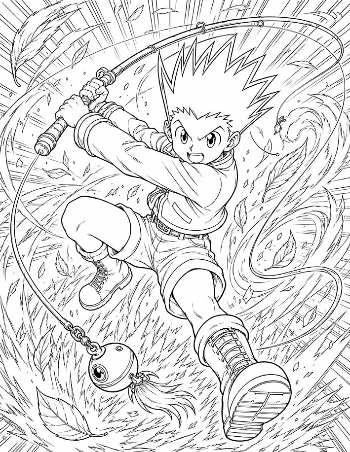 Gon Hunter x Hunter Coloring Page Rod Strike printable PDF high resolution line art rookie Hunter mid-leap swinging fishing rod as weapon whirling line leaves vortex battle