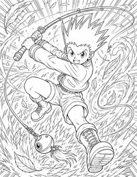 Gon Hunter x Hunter Coloring Page Rod Strike printable PDF high resolution line art rookie Hunter mid-leap swinging fishing rod as weapon whirling line leaves vortex battle