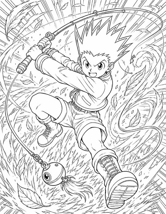 Gon Hunter x Hunter Coloring Page Rod Strike printable PDF high resolution line art rookie Hunter mid-leap swinging fishing rod as weapon whirling line leaves vortex battle