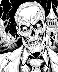 A gothic horror coloring page featuring the detailed skull of an undead gentleman in a suit and tie, with a spooky mausoleum and lightning in the background.