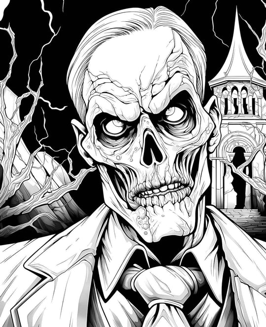 A gothic horror coloring page featuring the detailed skull of an undead gentleman in a suit and tie, with a spooky mausoleum and lightning in the background.