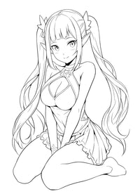 Graceful line art of an anime elf waifu girl with long pigtails and leaf accessories, kneeling in an ornate fantasy halter top and ruffled skirt, with a sweet smile – coloring page digital download.