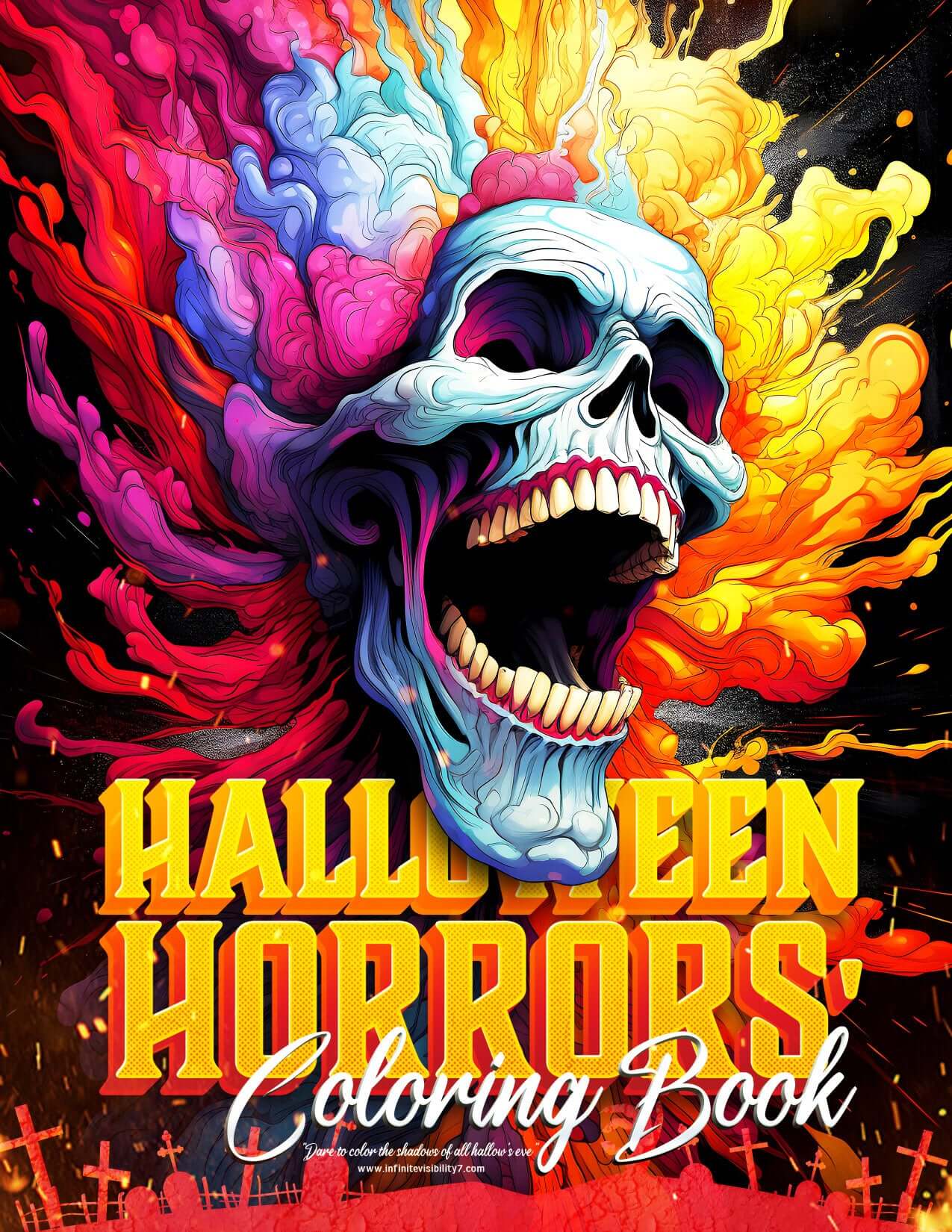 Colorful cover of 'Halloween Horrors' adult coloring book featuring a vibrant skull and eerie backgrounds.