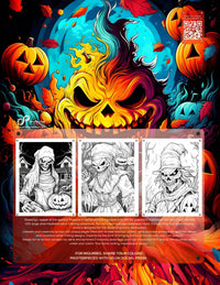 Colorful illustration of a spooky pumpkin with Halloween characters and scenes for a downloadable adult coloring book.