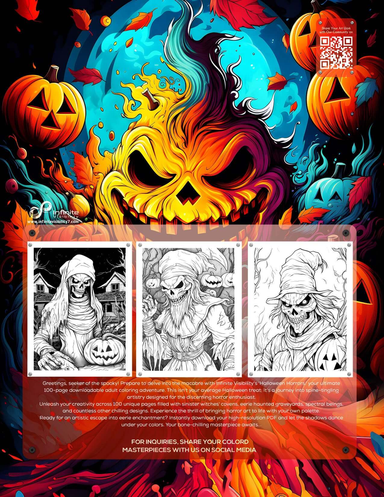 Colorful illustration of a spooky pumpkin with Halloween characters and scenes for a downloadable adult coloring book.