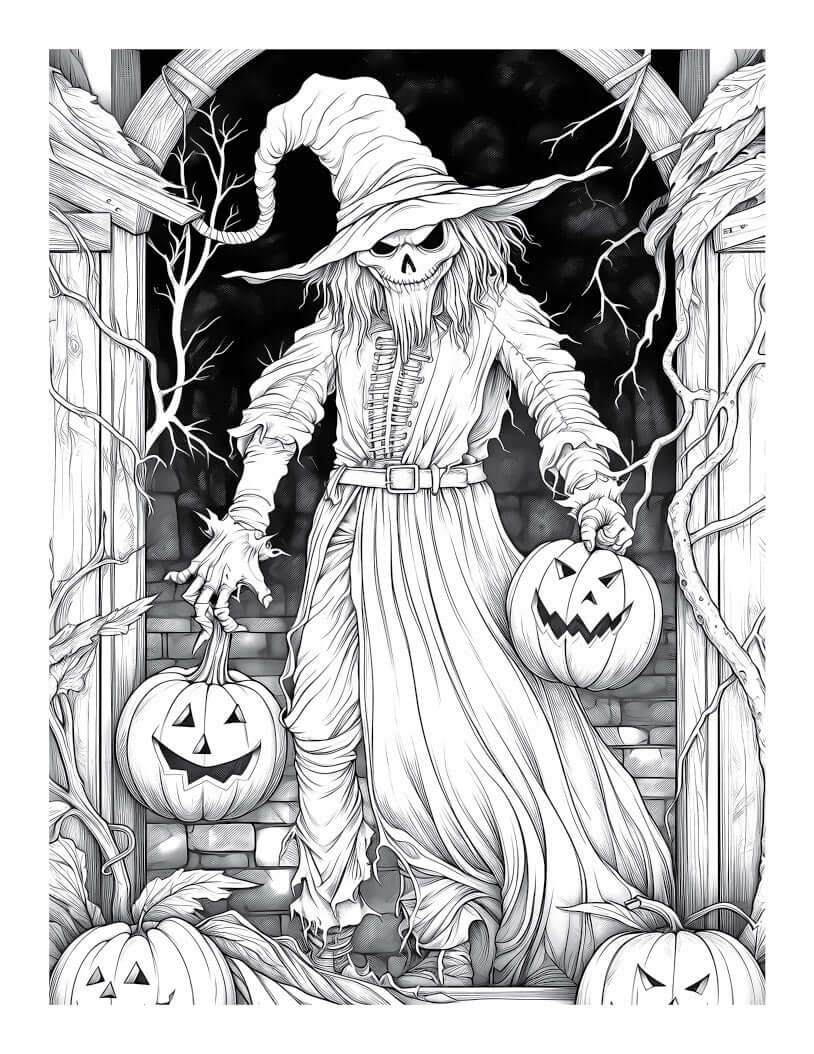 A spooky scarecrow holding jack-o'-lanterns in a haunted setting from 'Halloween Horrors' adult coloring book.
