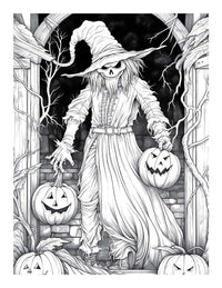 A spooky scarecrow holding jack-o'-lanterns in a haunted setting from 'Halloween Horrors' adult coloring book.