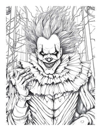 Eerie clown illustration from Halloween Horrors adult coloring book, showcasing spooky details for relaxation.