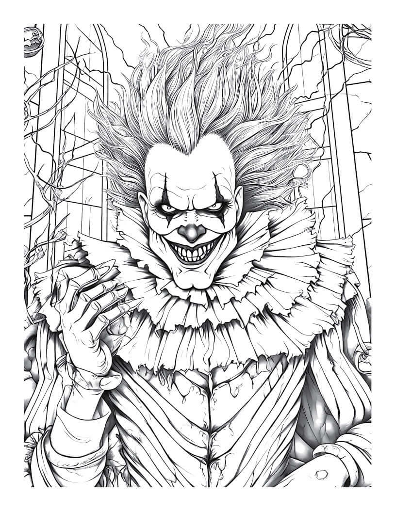 Eerie clown illustration from Halloween Horrors adult coloring book, showcasing spooky details for relaxation.