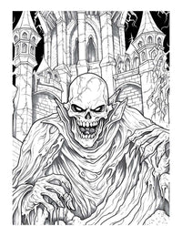 Intriguing skull figure emerging from a haunted castle in a spooky adult coloring book page.