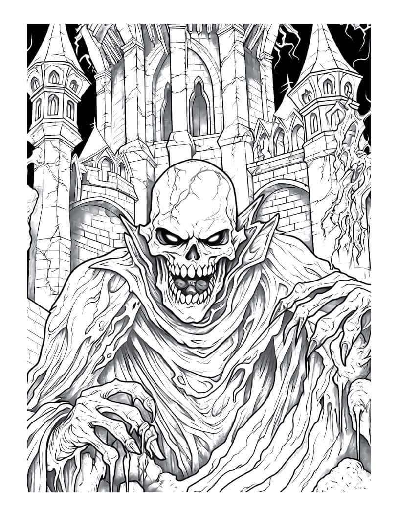 Intriguing skull figure emerging from a haunted castle in a spooky adult coloring book page.