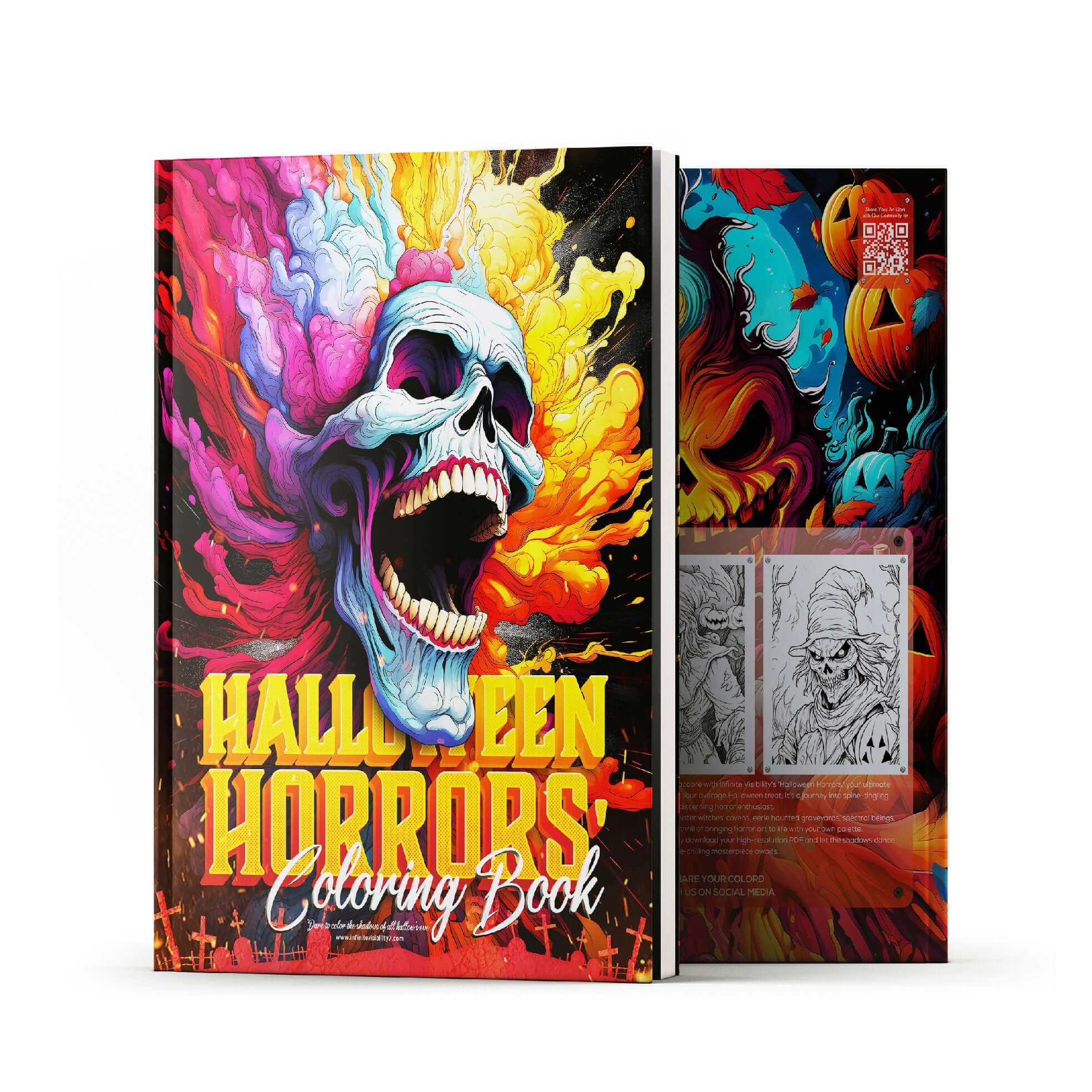 Halloween Horrors adult coloring book cover featuring a colorful skull design and spooky artwork.