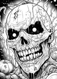 A detailed horror coloring page of a grinning, cracked skull that looks like a Jack-o'-lantern, melting and dripping slime, surrounded by spooky pumpkins and vines.
