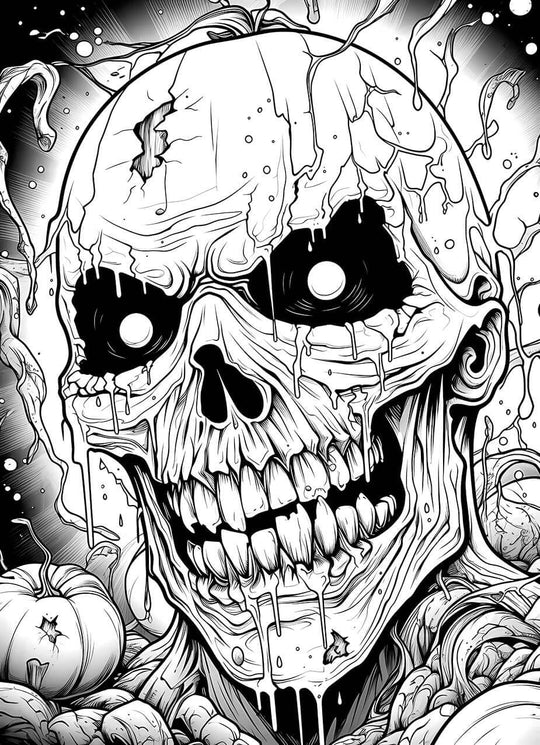 A detailed horror coloring page of a grinning, cracked skull that looks like a Jack-o'-lantern, melting and dripping slime, surrounded by spooky pumpkins and vines.